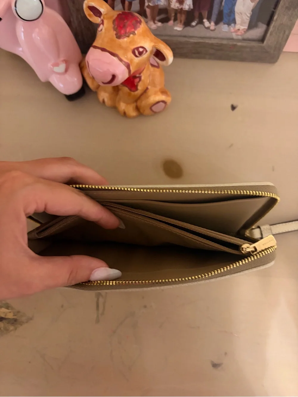 Coach Beige Signature Zip Wallet with Pink Stripe